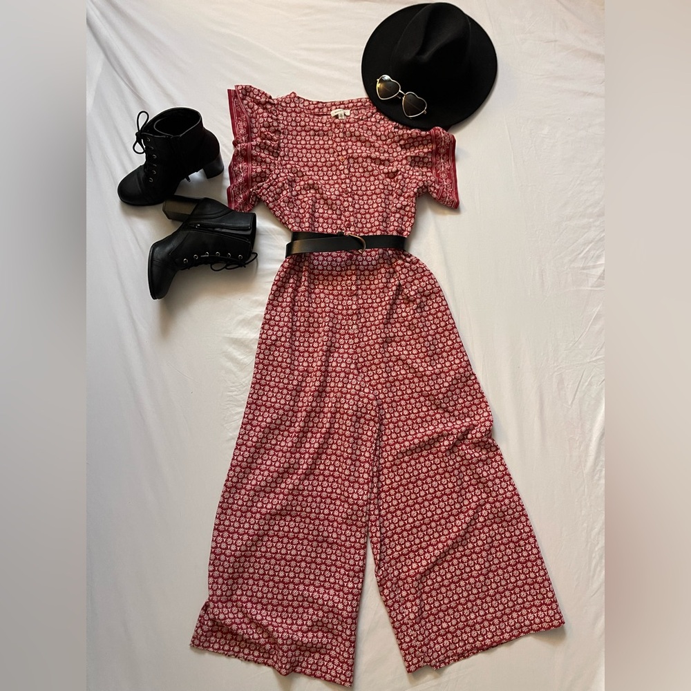 Max Studio Red With White Floral Print Wide-Leg Jumpsuit